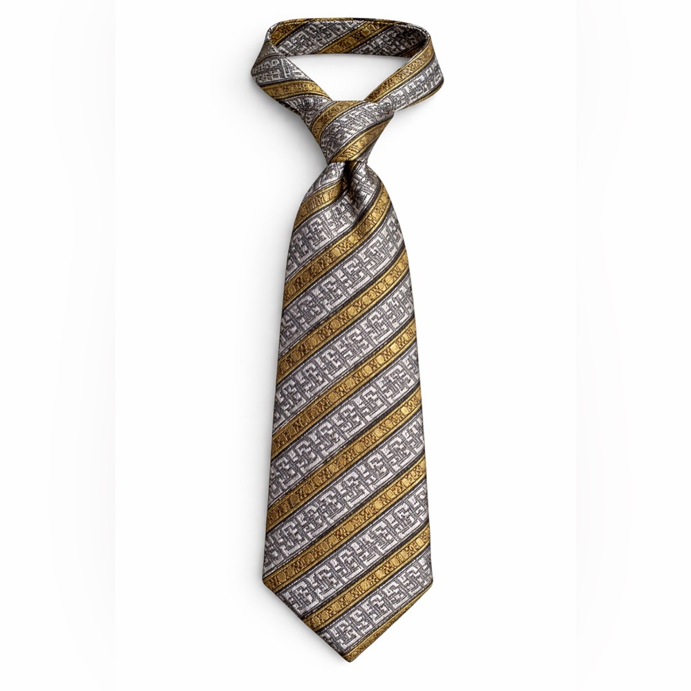 VERSACE Gray/Yellow Greek Key Baroque Striped Silk Tie